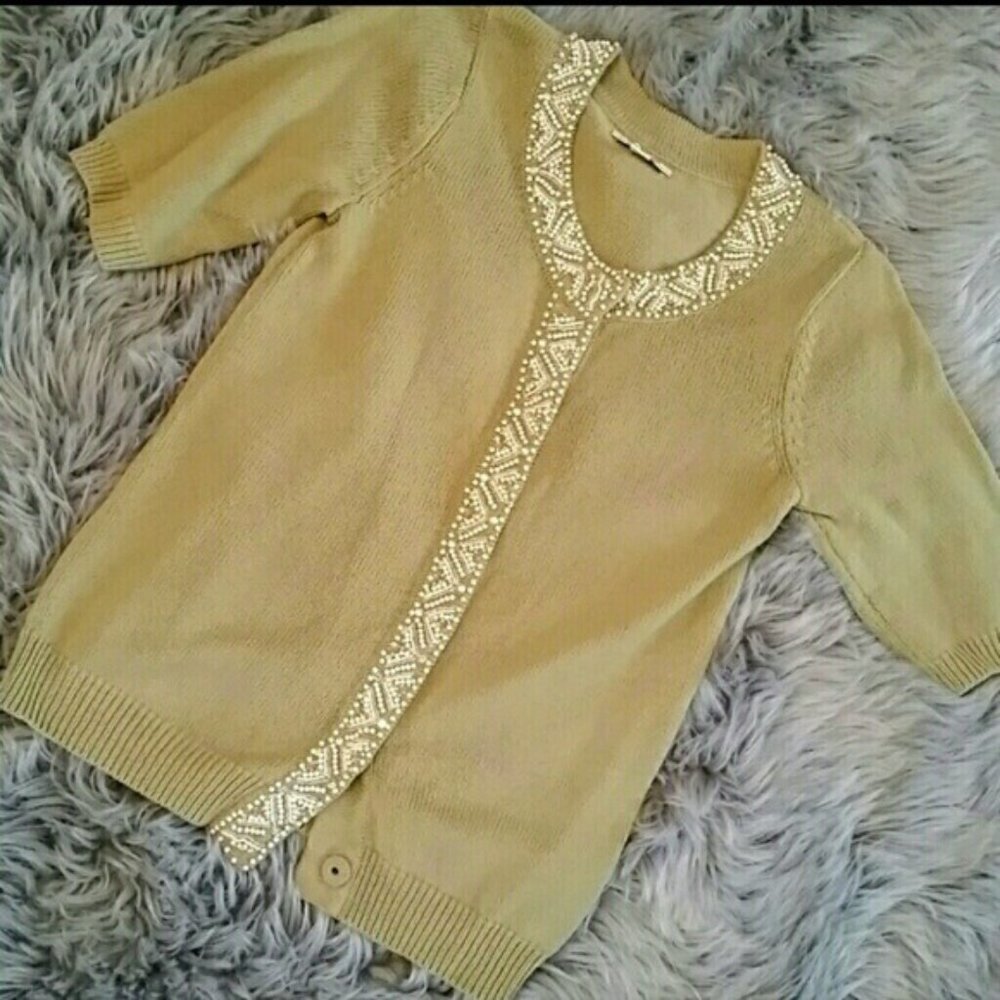 Isaac Mizarh Cardigan Short Sleeve Green Sweater Sequins Rhinestones
